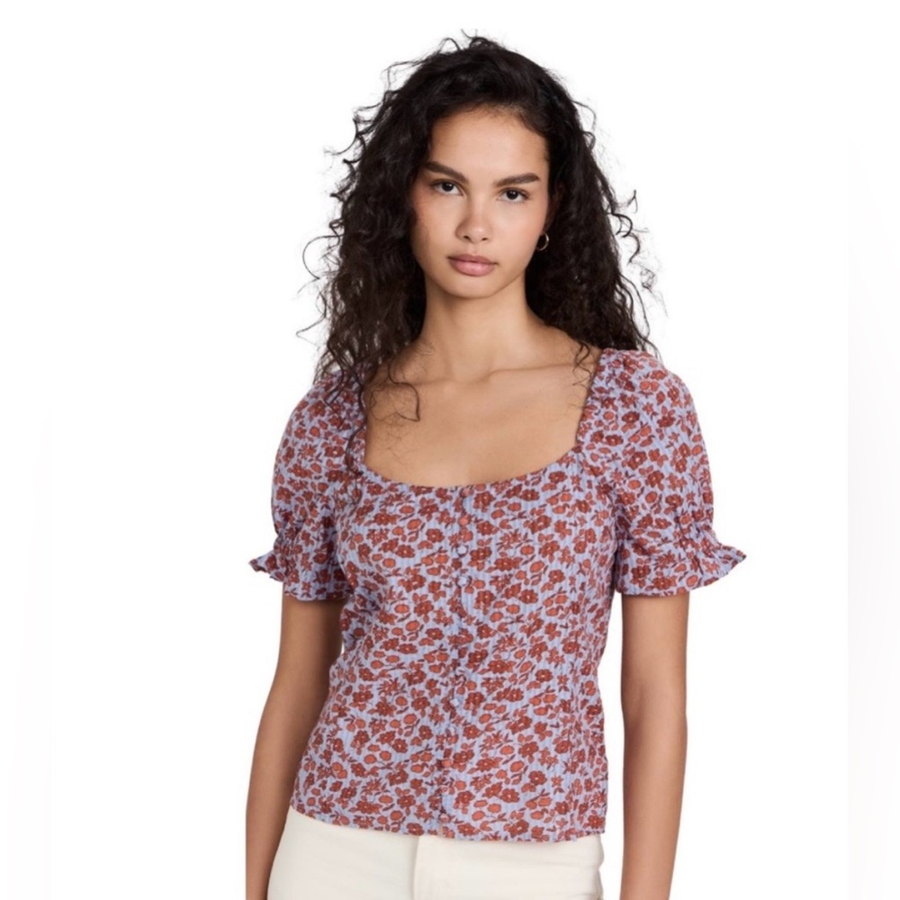 Madewell Lavender Puff Sleeve Floral Blouse with Rust Flowers - Picture 3 of 4